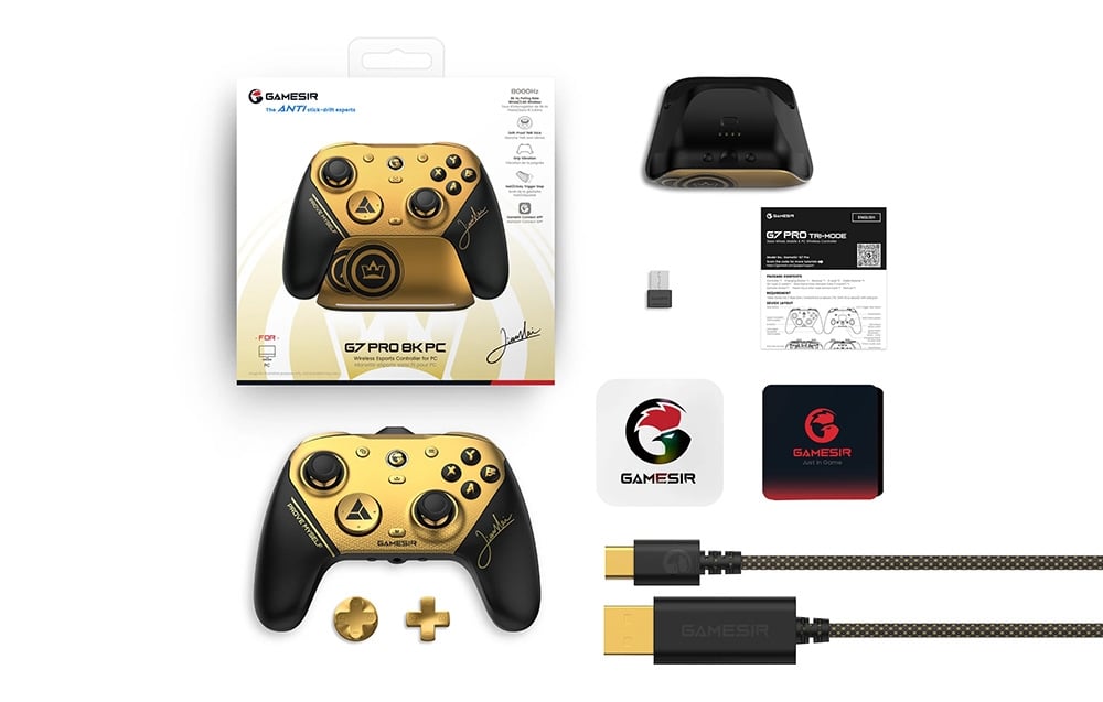 Contents of the game controller set with packaging, docking station, USB receiver, and USB cable