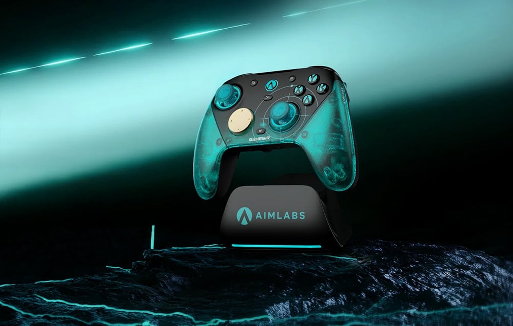 Wireless game controller placed on the AIMLABS docking station against a dark background with neon lighting