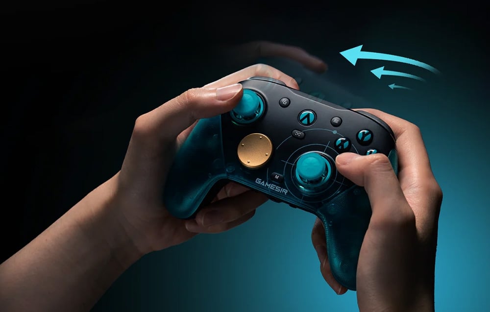 Hands holding a game controller with graphics of arrows showing the controller's movement