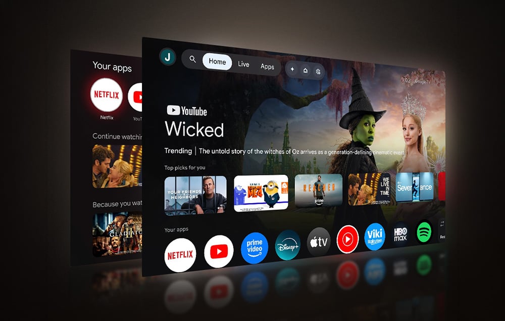 Benutzeroberfläche von Streaming-Plattformen auf einem großen Bildschirm vor dunklem Hintergrund angezeigt
