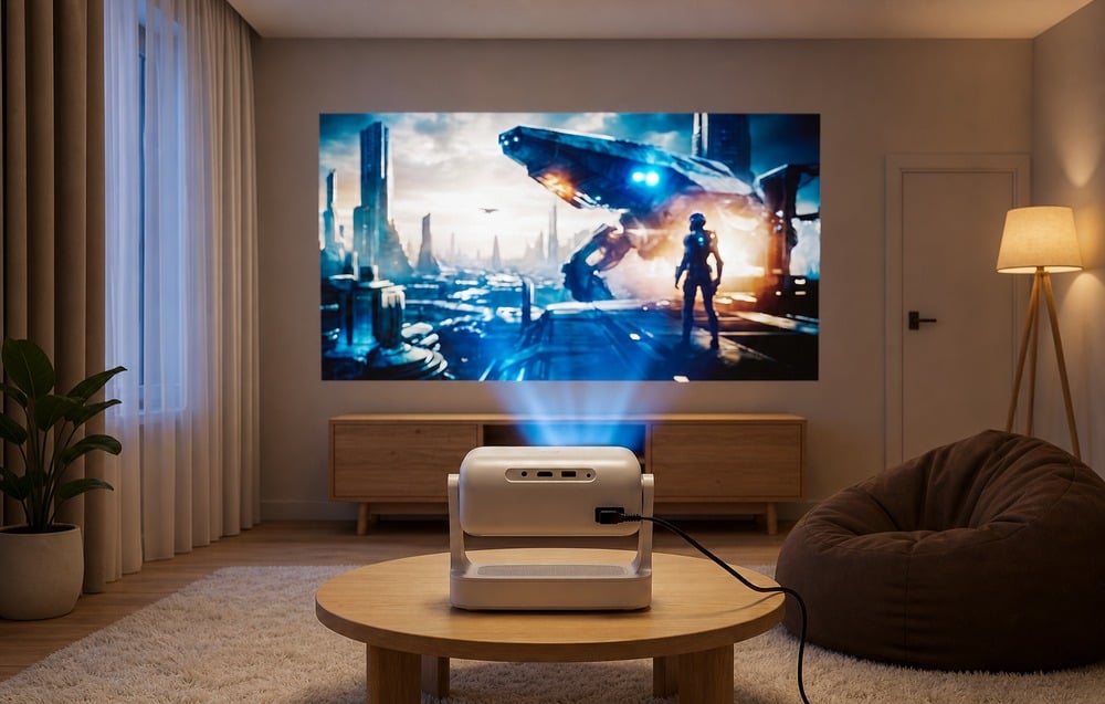Projektor auf einem Tisch im Wohnzimmer, der ein Science-Fiction-Film-Bild an die Wand projiziert.