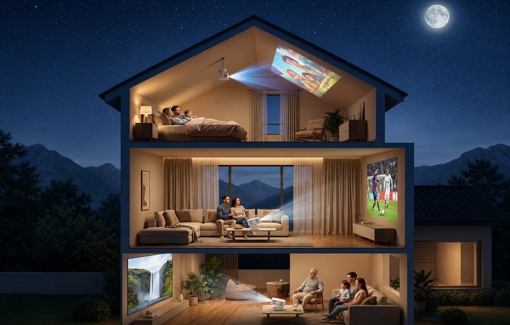 Schnitt durch ein Haus bei Nacht, das Projektoren zeigt, die Bilder in verschiedenen Räumen projizieren.