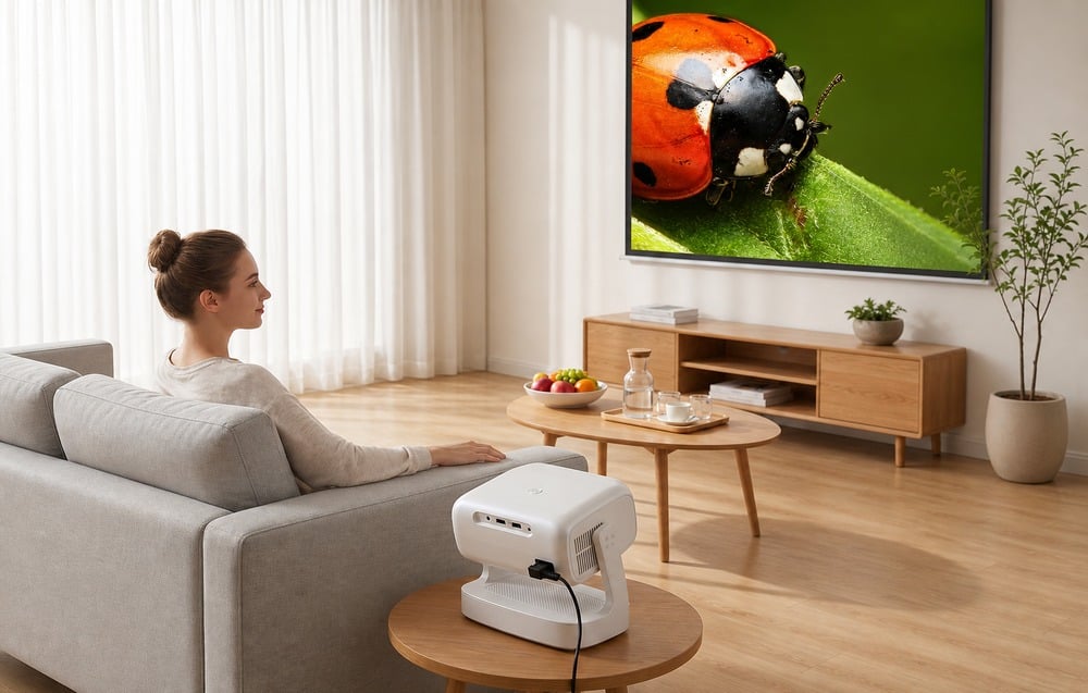 Eine Frau sitzt auf der Couch und schaut auf einen großen Bildschirm, der eine Nahaufnahme eines Marienkäfers zeigt, während der Projektor daneben steht.
