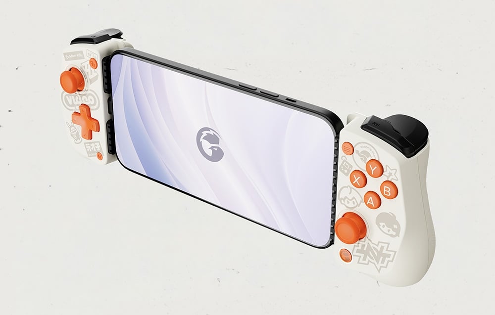 Smartfon zamocowany w rozsuwanym kontrolerze do gier z białą obudową i pomarańczowymi elementami sterującymi po obu stronach
