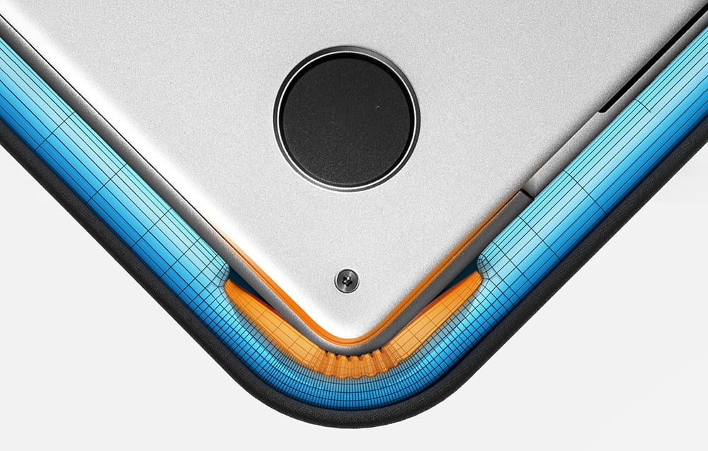 A graphic cross-section of the corner of the tomtoc bag showing protective layers around the edges of the laptop casing.