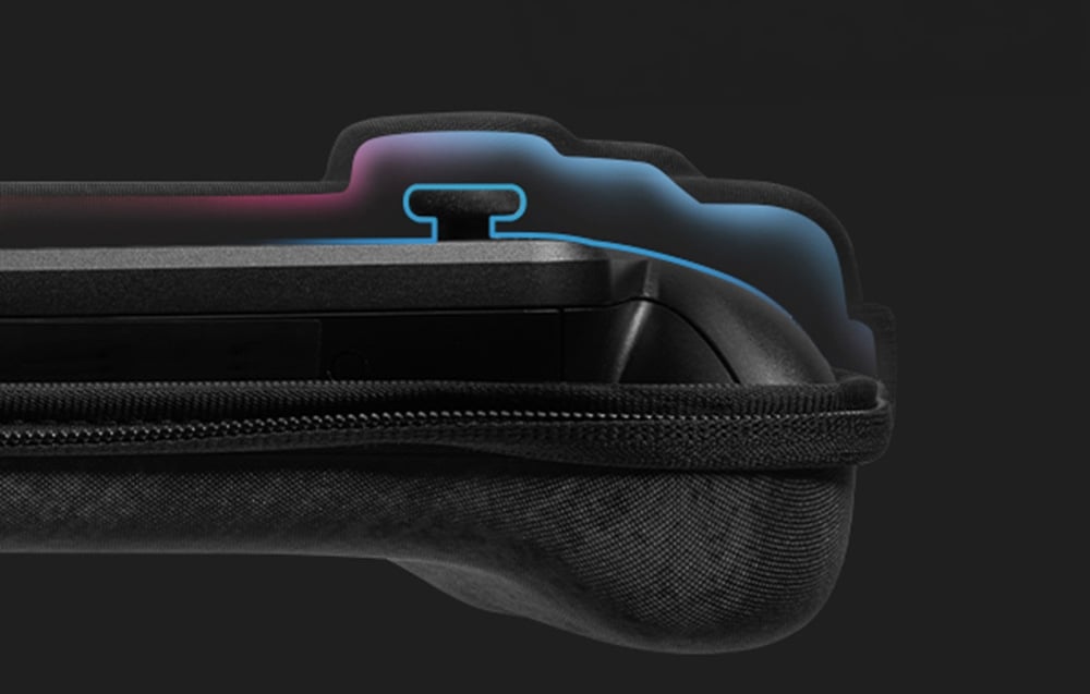 Side view showing the fit of the case around the protruding sticks and buttons of the console.