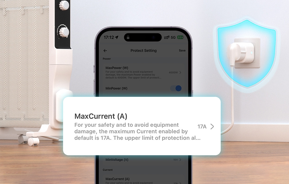 Smartfon z powiadomieniem, w tle urządzenie podłączone do gniazdka