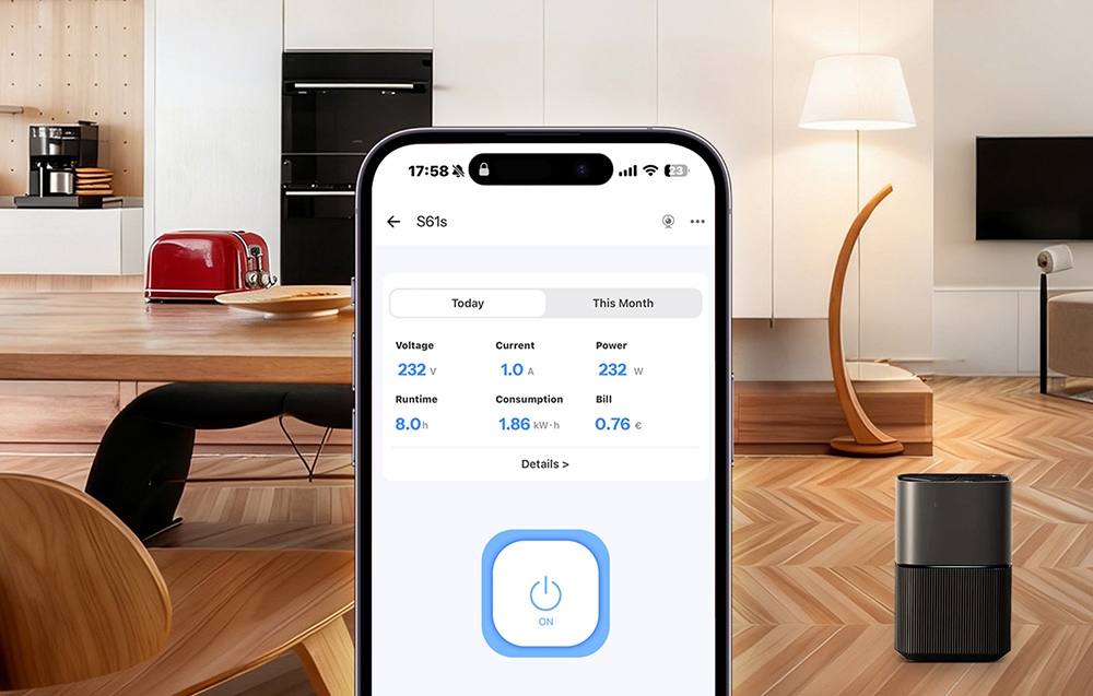 Smartfon z danymi zużycia energii, w tle nowoczesna kuchnia