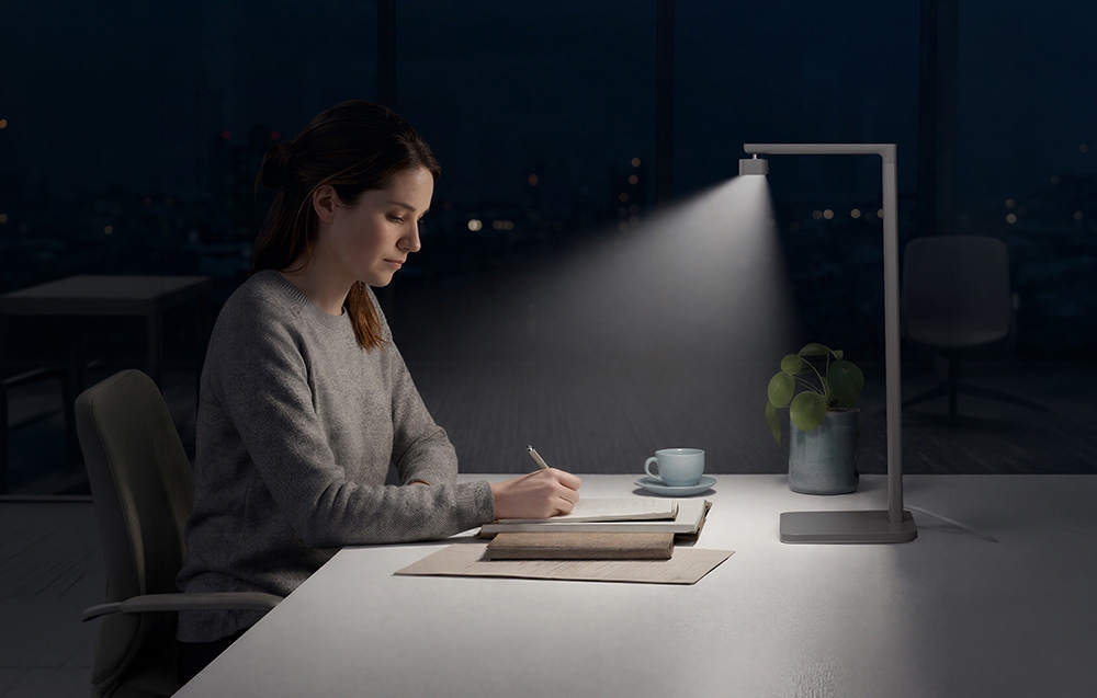 Femeie scriind într-un caiet la birou iluminat de lumina concentrată și strălucitoare a lampii LED noaptea