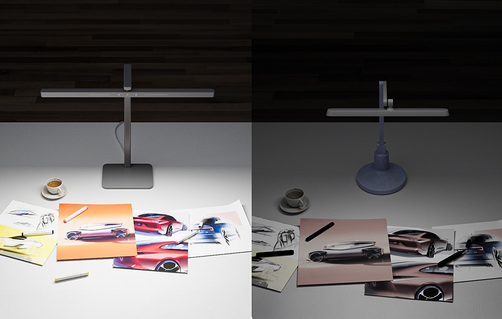 Două perspective ale iluminării biroului cu schițe de mașini folosind aceeași lampă modernă