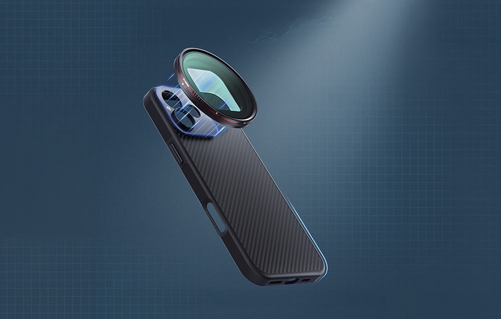 Etui z włókna węglowego do iPhone 16 z zamontowanym okrągłym filtrem fotograficznym na obiektywie