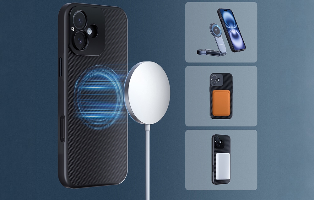 Etui z włókna węglowego do iPhone 16 z podłączoną okrągłą ładowarką MagSafe i trzema wariantami w ramkach