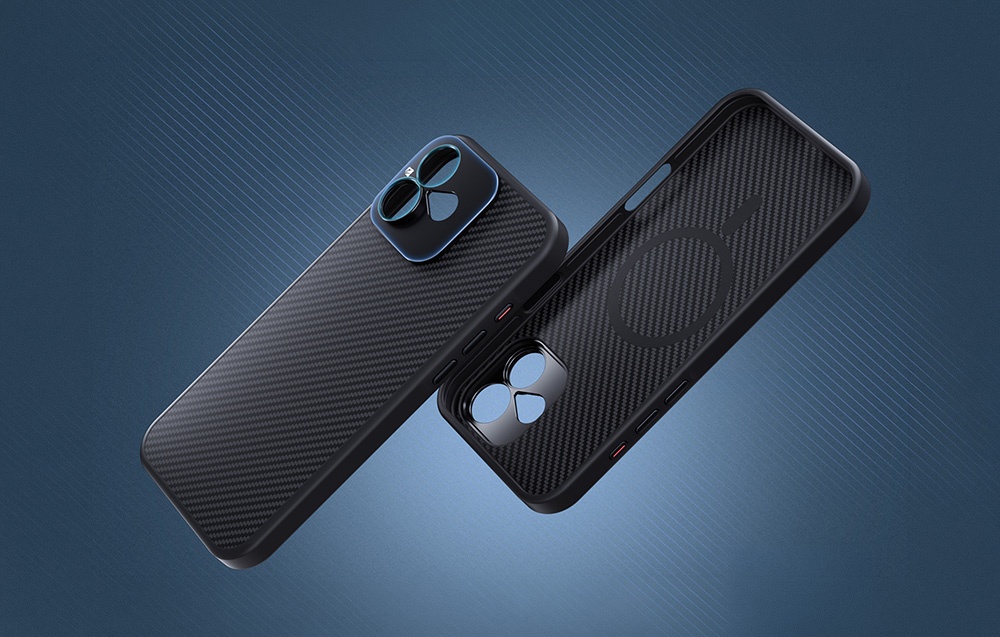 Dwa etui z włókna węglowego do iPhone 16 w ujęciu pod kątem, jedno z boku, drugie pokazujące wnętrze z MagSafe