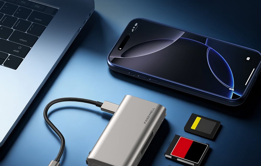 Srebrny czytnik Freewell z kablem, obok MacBook, smartfon i karty pamięci na niebieskim blacie