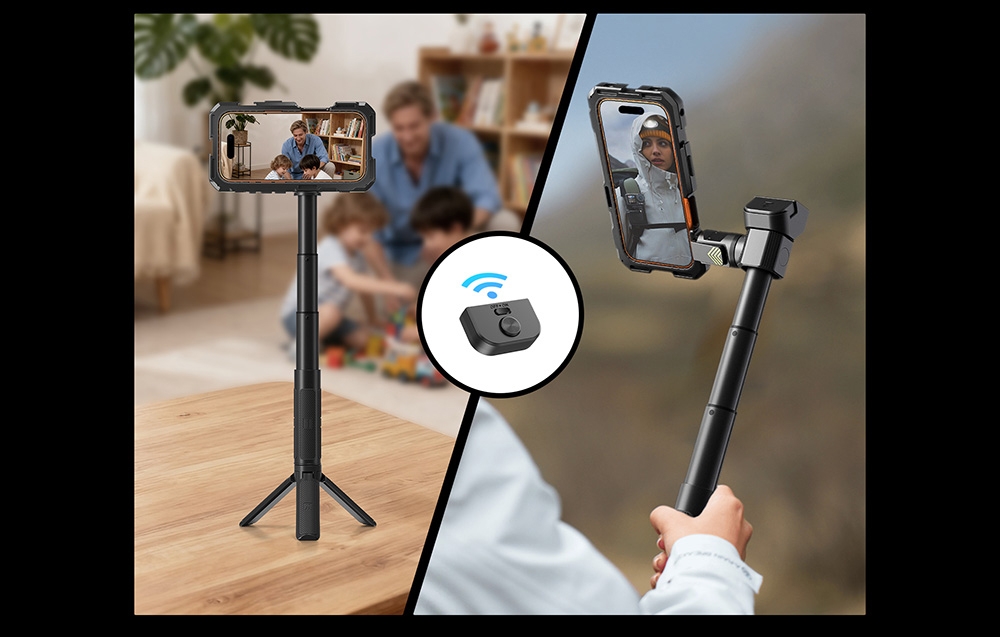 Zestawienie: selfie stick-statyw z pilotem w salonie oraz trzymany uchwyt z telefonem na zewnątrz