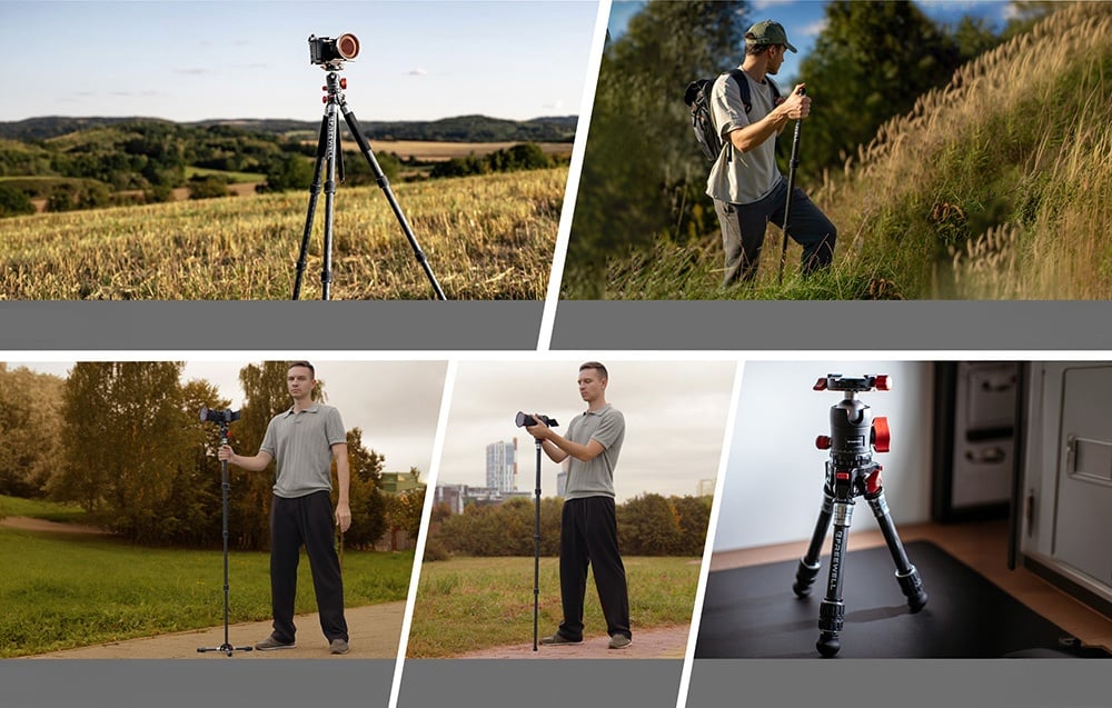 Kolarz zdjęć pokazujących statyw Freewell w plenerze, jako monopod, kijek selfie i statyw stołowy