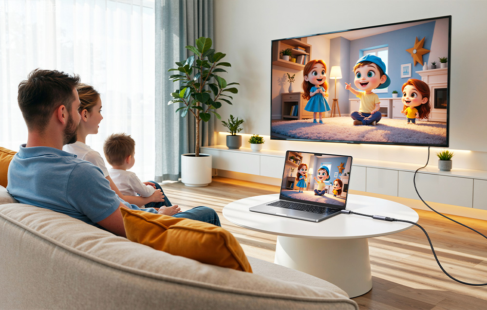 Rodzina na kanapie oglądająca kreskówkę na dużym telewizorze podłączonym do laptopa