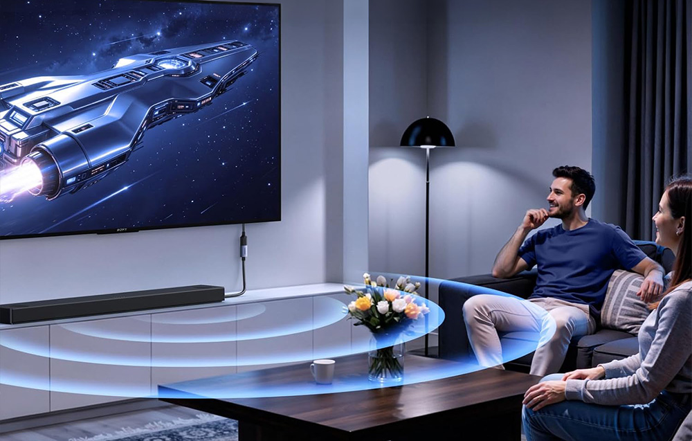 Kobieta i mężczyzna na kanapie oglądają film na telewizorze połączonym z soundbarem i adapterem