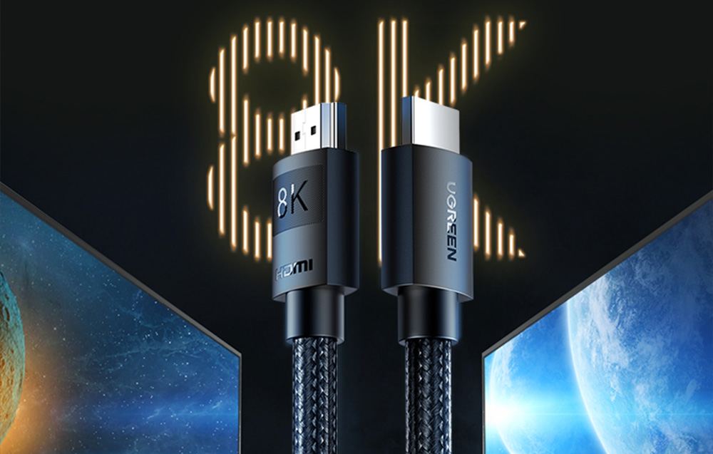 Dwie wtyczki czarnego kabla HDMI Ugreen z napisem 8K w tle