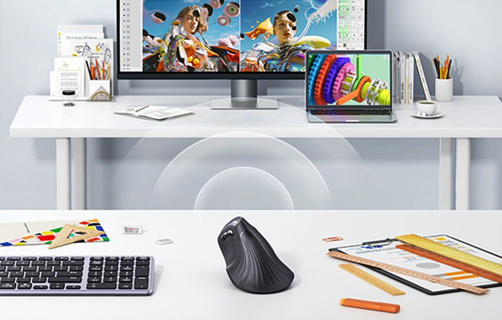 Wireless vertical mouse on a desk next to a keyboard, with graphics of connectivity waves and computers in the background