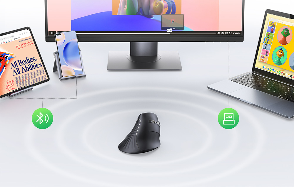 Black vertical mouse in the center with Bluetooth and USB connection icons, along with a laptop, smartphone, and monitor