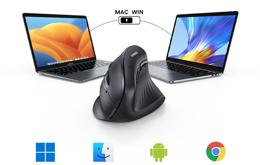 Black vertical mouse UGREEN placed between two laptops with operating system icons