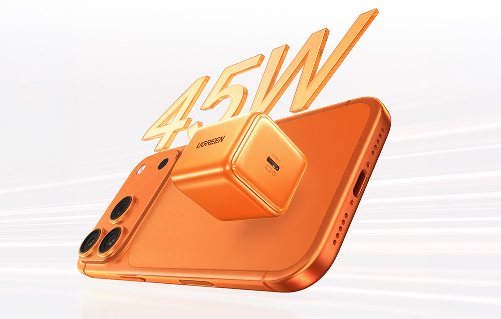 Pomarańczowy smartfon i ładowarka UGREEN z trójwymiarowym napisem 45W w tle