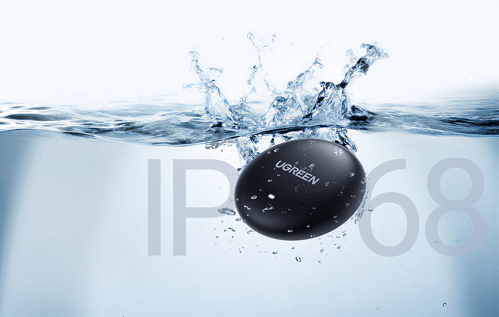 Black Ugreen locator falling into water against the backdrop of the IP68 label with splashing water