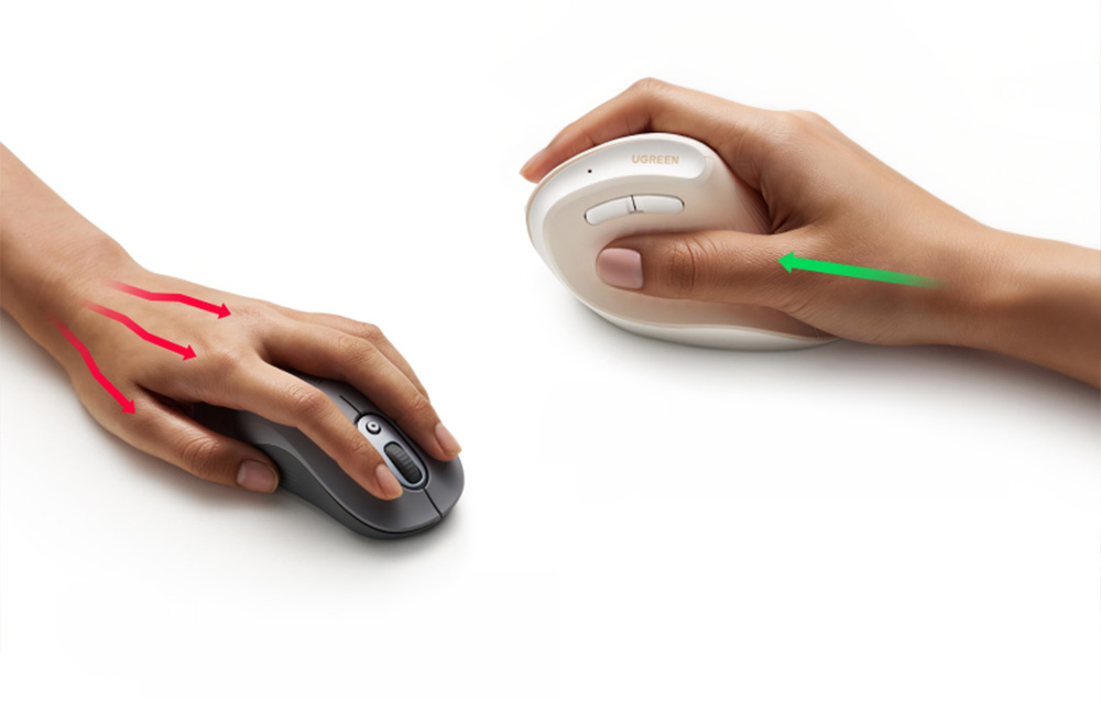Comparison of hand positioning on a traditional mouse and the ergonomic vertical mouse by Ugreen