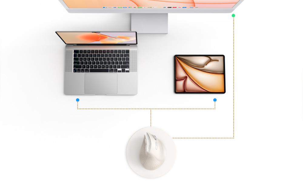 Diagram of the vertical computer mouse connection to a laptop, tablet, and monitor