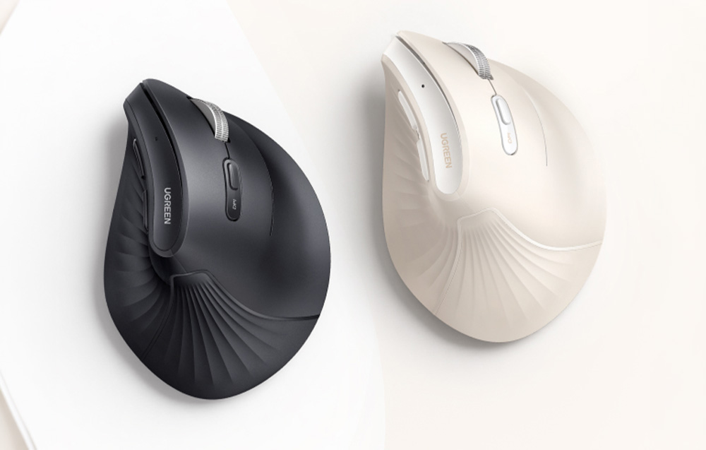 Black and beige vertical computer mouse by Ugreen placed side by side on a light background
