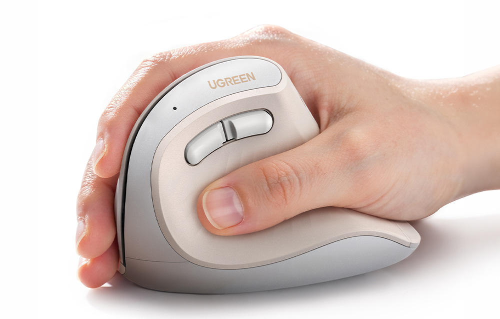 A hand resting on a vertical, ergonomic computer mouse by Ugreen