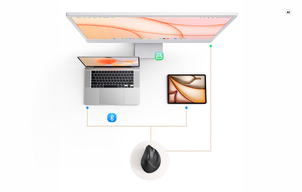 Vedere de sus a unui birou cu un monitor, laptop, tabletă și mouse conectat wireless