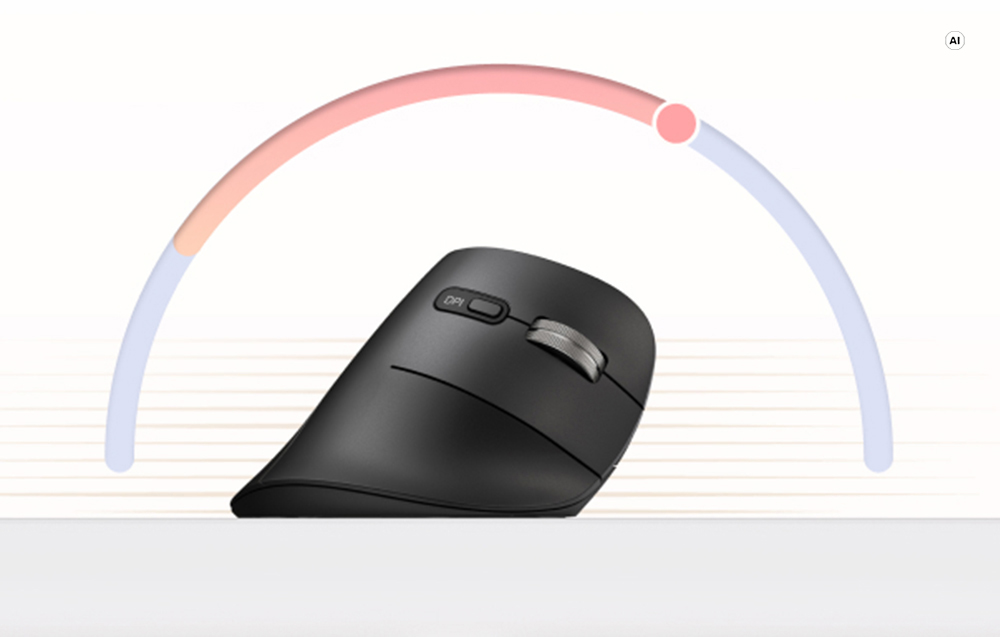 Profilul mouse-ului vertical negru cu butonul DPI vizibil și graficul curbei de reglare a sensibilității