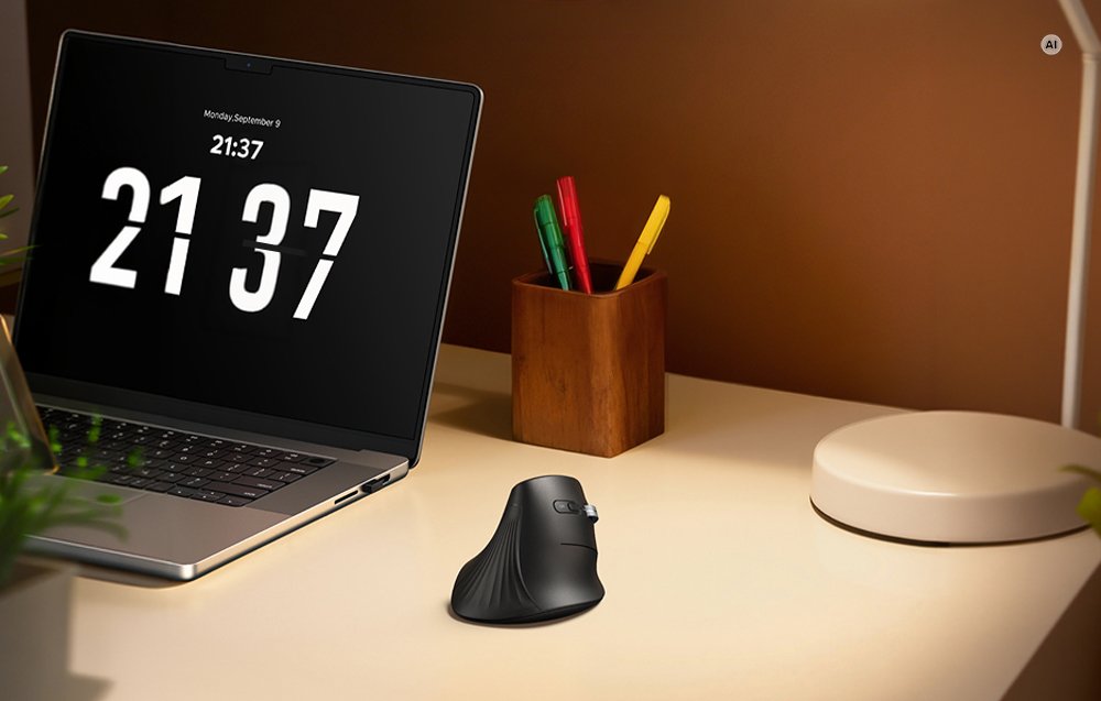 Mouse-ul vertical ergonomic negru stând pe birou lângă un laptop deschis și un suport pentru instrumente de scris