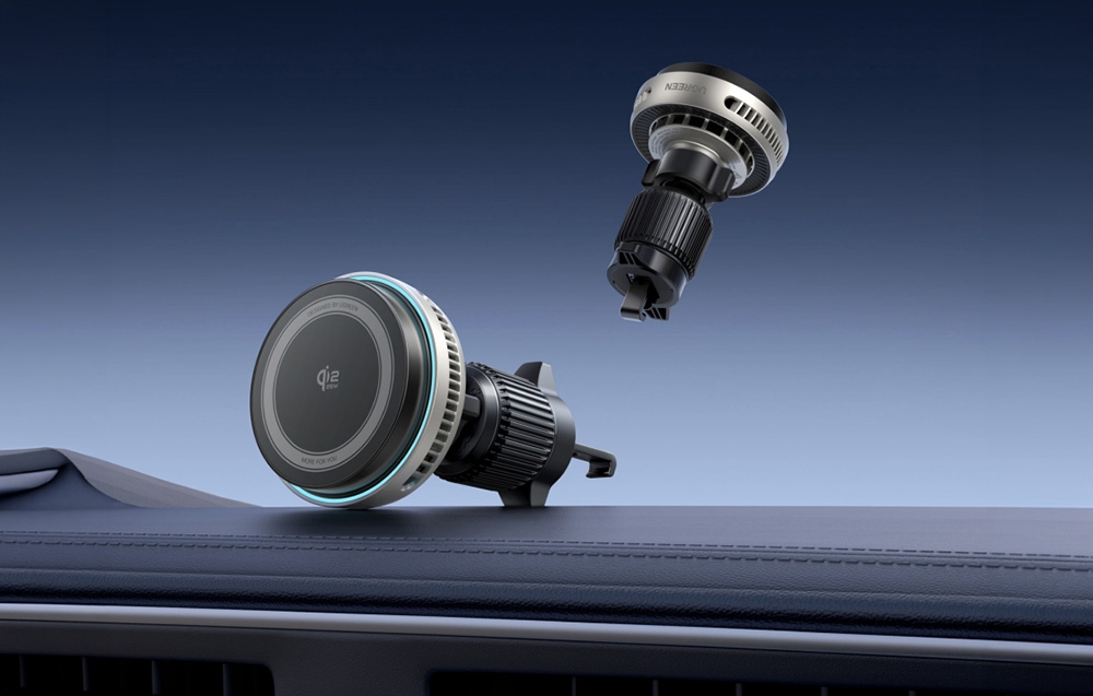 Black-silver magnetic car mount Ugreen Qi2 with wireless charger and air vent mount