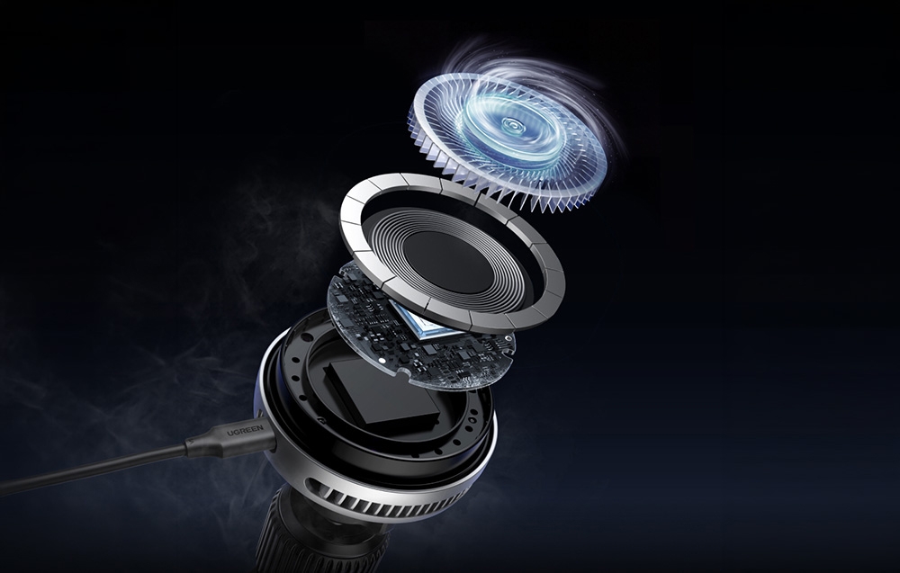Cross-section showing the internal structure of the Ugreen magnetic wireless charger with cooling fan
