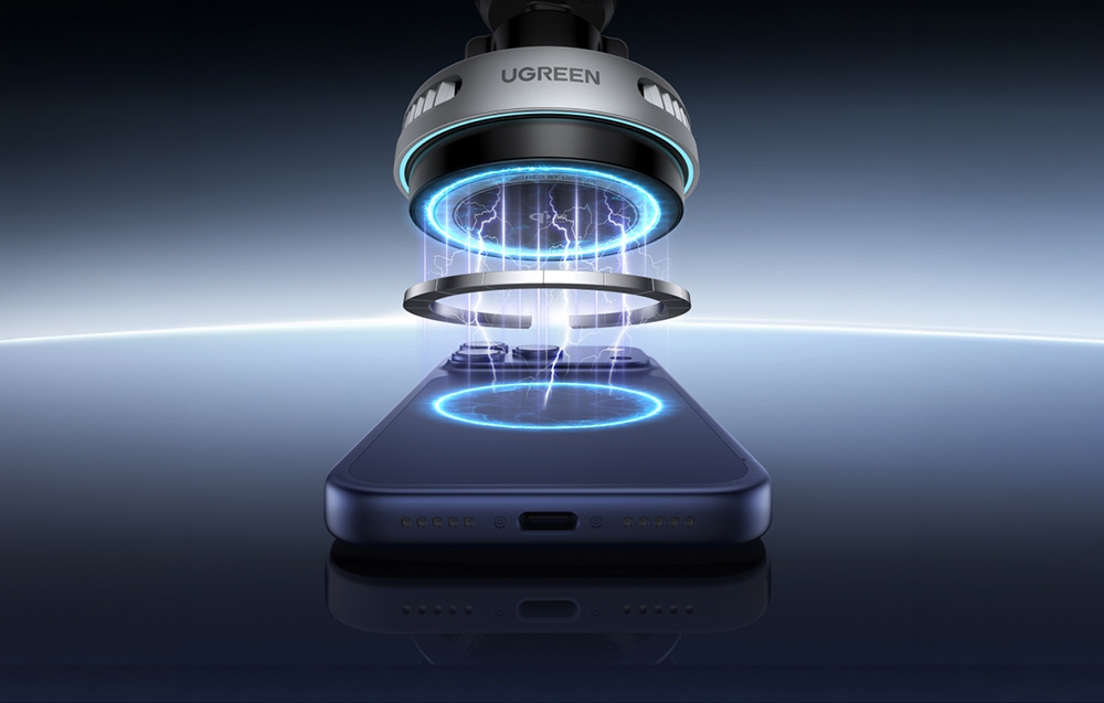 Magnetic mount with Ugreen Qi2 wireless charger attracting smartphone with a ring of magnets