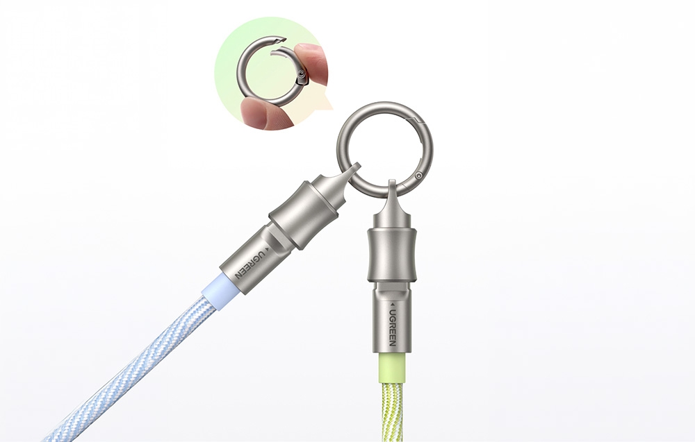 Close-up of a metal ring and connectors of a braided lanyard for a phone by Ugreen