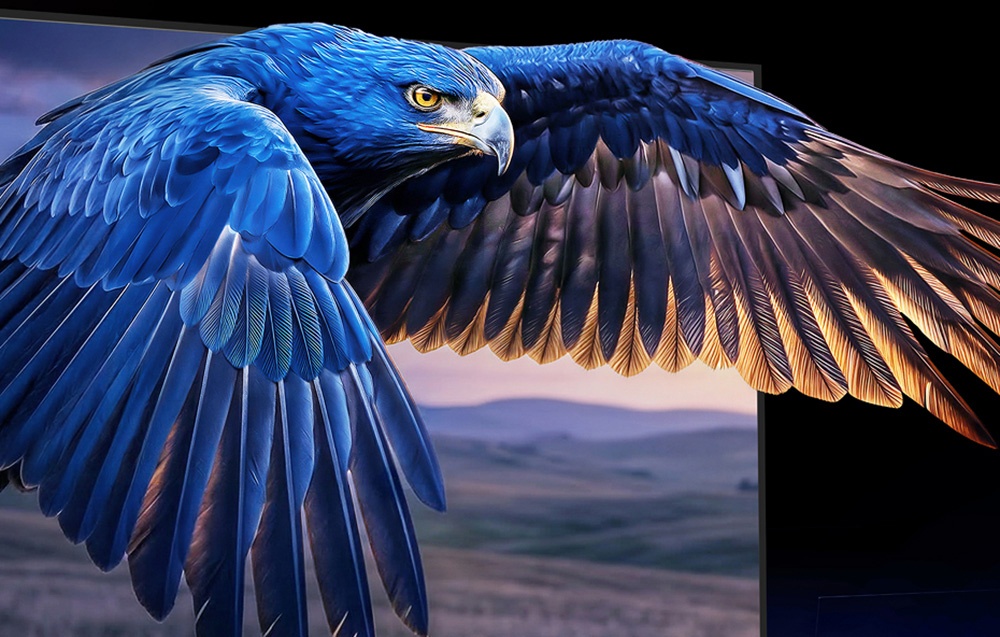 Blue eagle with outstretched wings entering the frame of a TV screen against a mountain backdrop