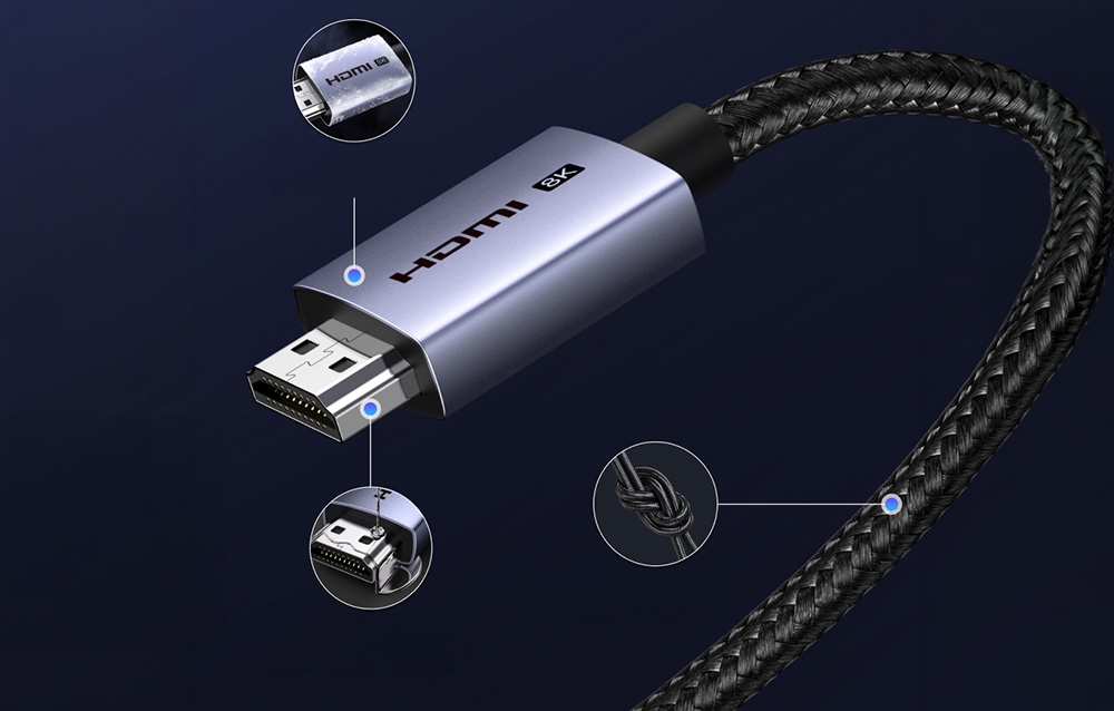 Gray HDMI 8K cable in black braid with additional detail enlargements in circles