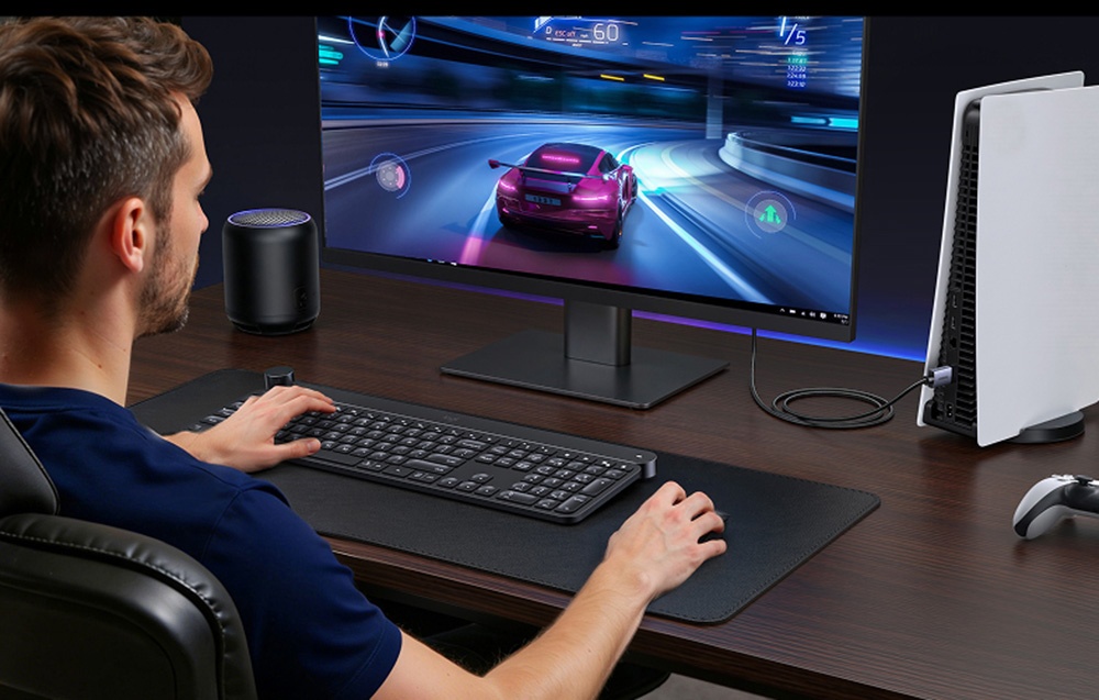 A man playing a racing game at a desk on a monitor connected to a PS5 console