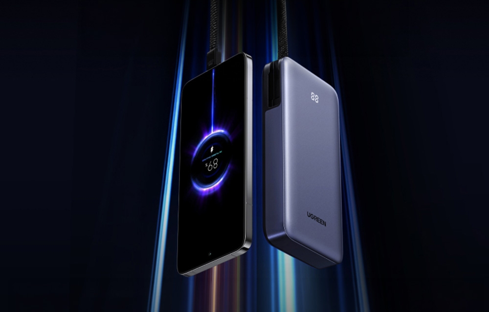 Gray Ugreen power bank charging with a cable, suspended next to a smartphone with a battery charging display