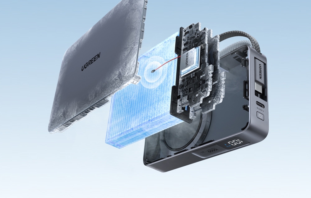 Cross-section showing the internal components of the Ugreen Qi2 power bank with cooling system