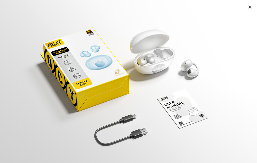 Zestaw ze słuchawkami QCY Crossky C50i, etui, kabel ładujący, instrukcja i pudełko