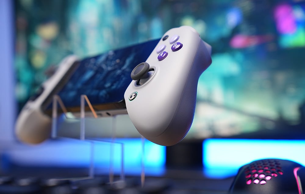 Close-up of the right side of the gray game controller