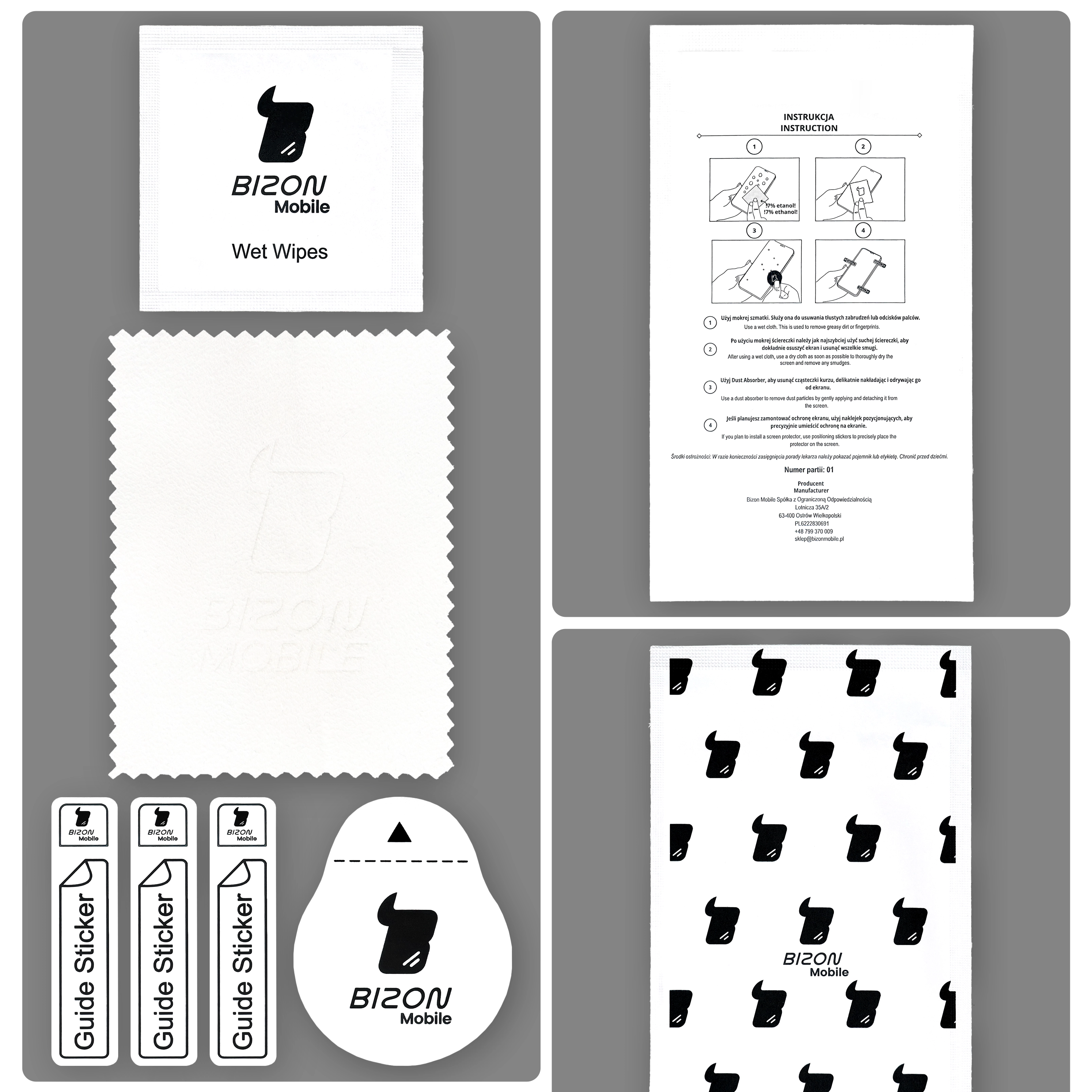 Zawartość zestawu aplikacyjnego Bizon Glass Aplikator Shadow do Samsung Galaxy A16 / Samsung Galaxy A17