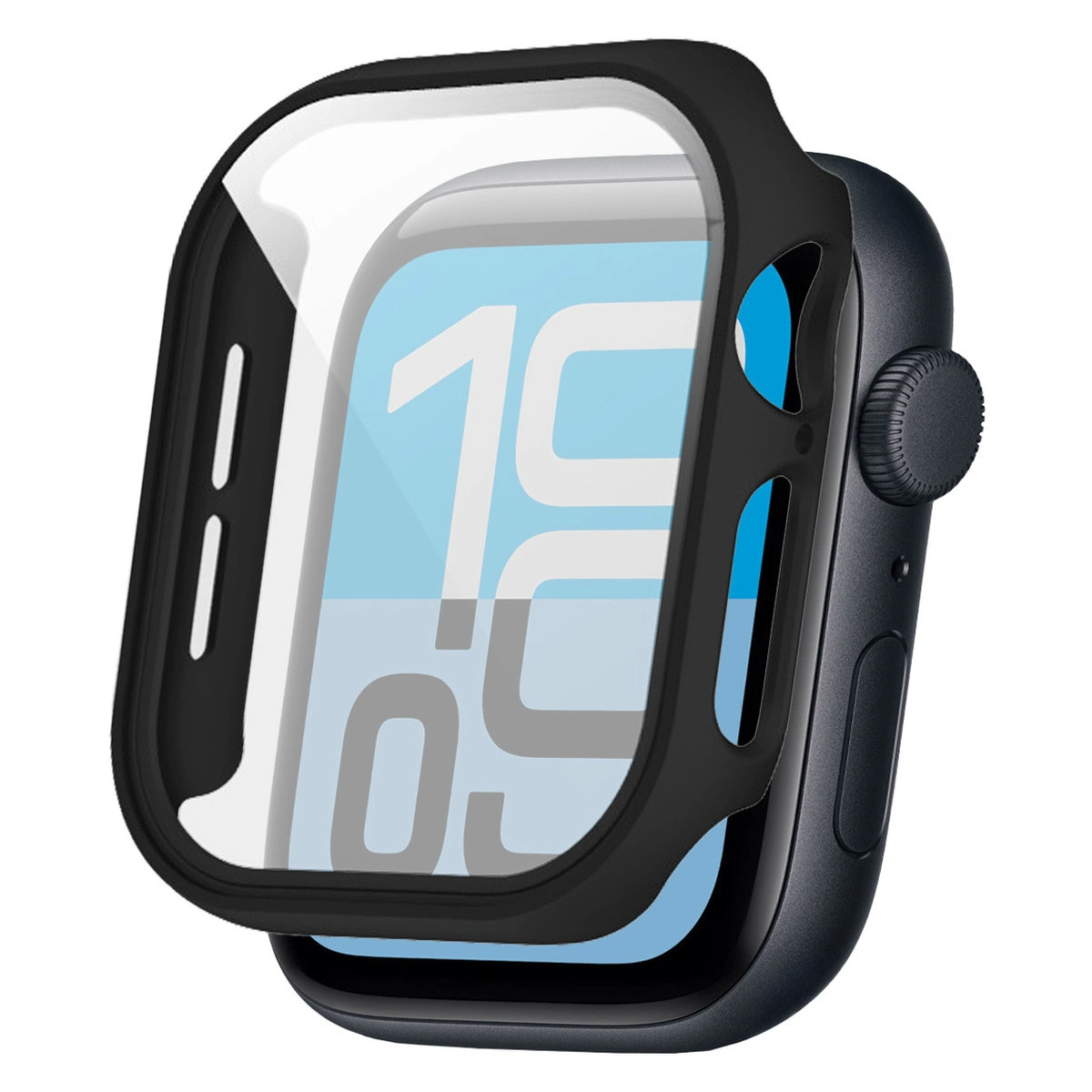 Wizualizacja nakładania etui Bizon Case+Glass Watch do Apple Watch SE 3 / SE 2 / SE / 6 / 5 / 4 (44 mm)