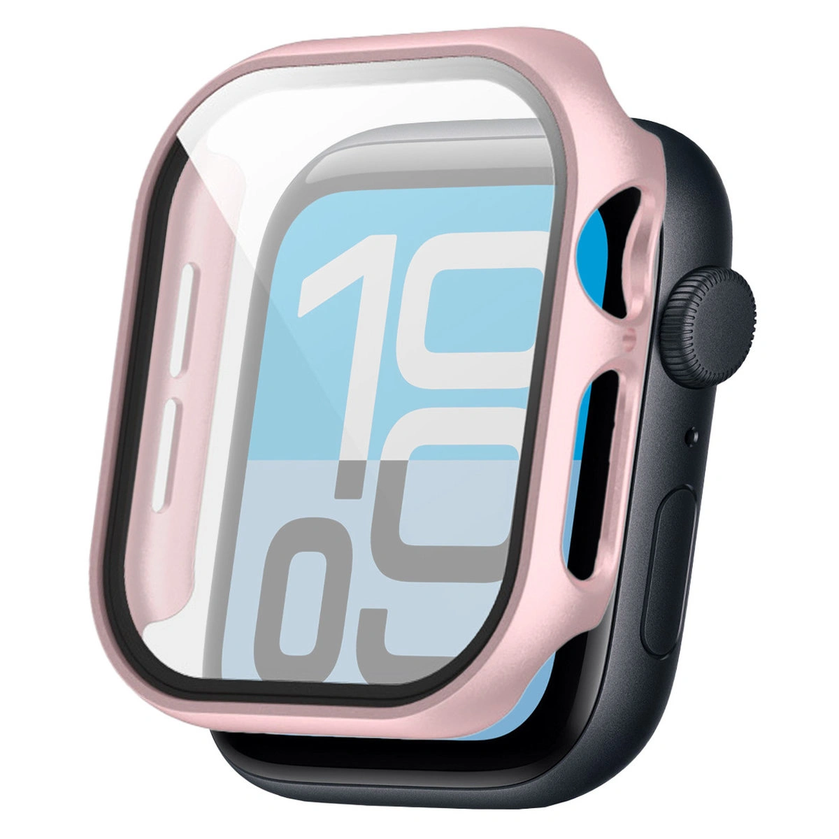Visualisierung des Anbringens der Hülle Bizon Case+Glass Watch für Apple Watch SE 3 / SE 2 / SE / 6 / 5 / 4 (44 mm)