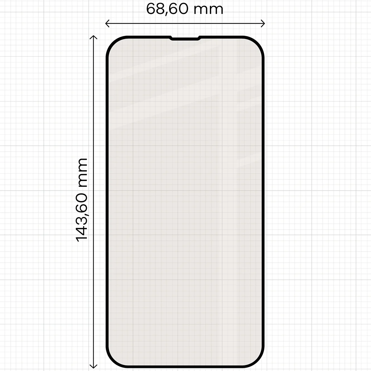 Measuring tape with dimensions of Bizon Glass Matte Duo for Apple iPhone 17e / Apple iPhone 16e / Apple iPhone 14 / Apple iPhone 13 Pro / Apple iPhone 13